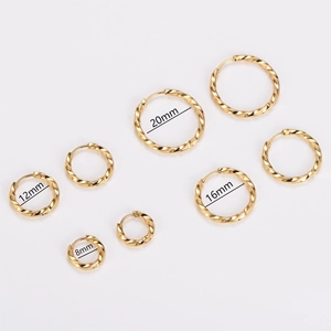 Golden twisted rope hoop earrings in four sizes ranging from 8mm to 20mm diameter