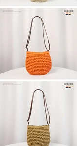 Macro view of woven paper rope textures and slim leather straps on handmade straw bags