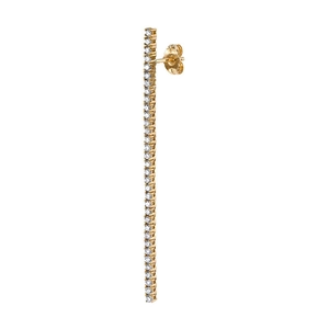Detailed view of single gold plated bar earring featuring sparkling claw-set cubic zirconia