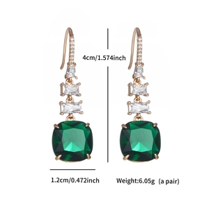 Detailed view of emerald drop earrings with specific 4cm length and 1.2cm width dimensions