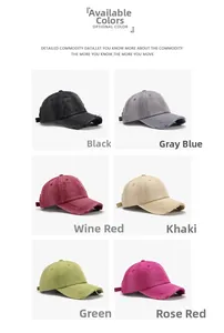 Detail view of distressed baseball caps in six colors with vintage torn brim effects