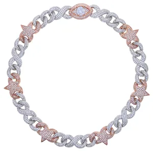 Iced out hip hop Cuban link necklace with star, evil eye pendant in gold and silver