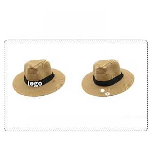 Detail view of a men's jazz straw hat showing customizable logo printing on black ribbon band