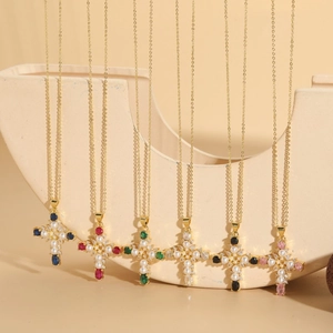 14K gold plated cross necklaces with pearls and colorful zircons in six vibrant colors