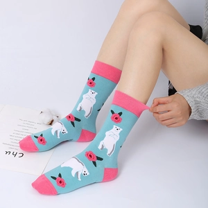 Sky blue cotton crew socks with white polar bear and red rose patterns for women