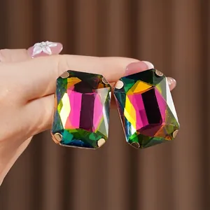Vintage rectangular crystal earrings with rainbow gradient stones and gold settings