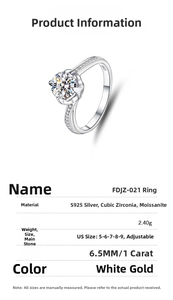 Detailed specs showing S925 sterling silver 1ct moissanite ring with adjustable band size