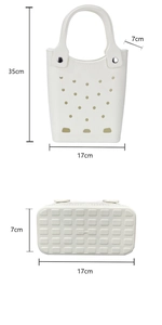 Detailed dimensions of white EVA beach tote bag showing size measurements in 35x17x7cm