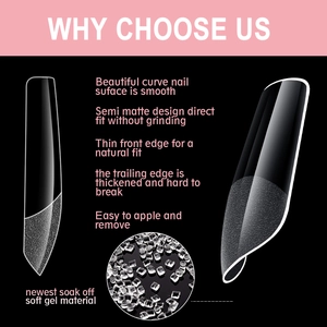 Detail of semi-matte soft gel nail tips with smooth surface and frosted design