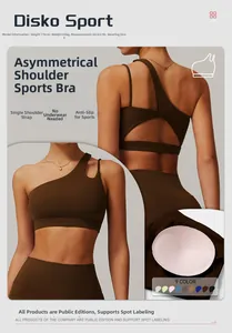 Detail of coffee brown one-shoulder sports bra with geometric back cutout and padding