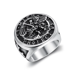Detailed view of Saint Michael vintage stainless steel signet ring with embossed design