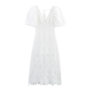 Damen Weißes Spitze Maxikleid Puffärmel Eckiger Ausschnitt Rückenbindung Sexy Elegant Sommer Stickerei Bodycon Langes Kleid