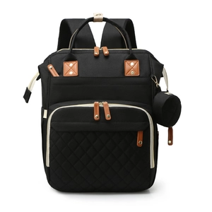 Mochila para pañales negra de gran capacidad con bolsillos acolchados y detalles de cuero