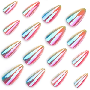 Iridescent colorful coated almond-shaped press-on nails set on a clean white background
