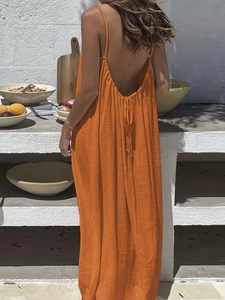 Detail of orange backless maxi dress showing deep V-back with delicate tie closure
