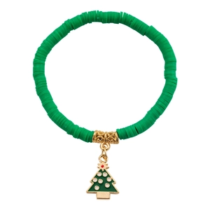 Detail view of a green Heishi bead bracelet featuring a Christmas tree enamel charm