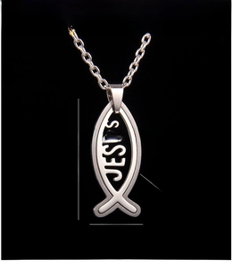 Macro view of stainless steel Ichthys fish pendant with Jesus engraving and curb chain