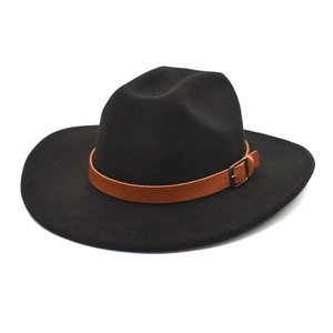Ethnic style black wide brim wool felt cowboy hat with brown leather belt and metal buckle