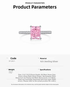 Macro view of S925 sterling silver ring with 2ct pink ice-cut rectangular zircon