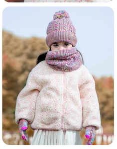 Detail of winter knit set for kids featuring colorful pom-pom hat, scarf and warm gloves