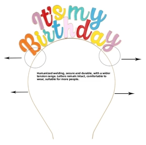 Close-up of colorful It's My Birthday headband with flexible metal frame for party decor