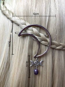 Detailed view of silver moon hair clip with purple gem and size markings 6cm by 5cm
