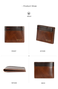 Men's retro slim bifold wallet showing front, side, and back views in brown wood grain