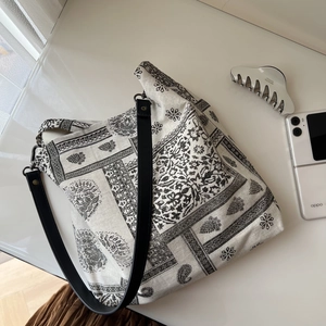 Vintage Paisley Print Cotton Linen Tote Bag Large Capacity Casual Shoulder Bag With Leather Strap Bohemian Style
