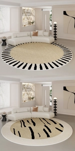 Detail of round rugs with beige knit texture and black striped patterns in modern living room