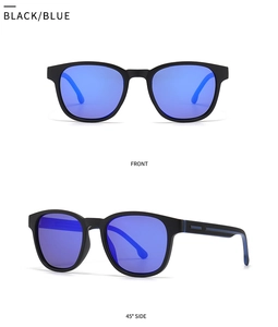 Front and 45-degree side views of classic TR sunglasses with black frame and blue lenses
