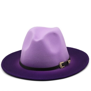 Detail of gradient purple wool fedora hat with black leather band and gold metal buckle