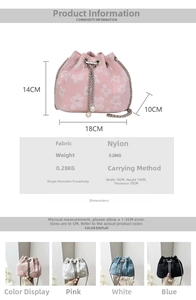 Detail of floral textured bucket bag with metal chain and pearl drawstring accents