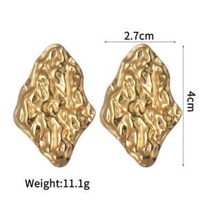 Detail showing irregular hammered texture 18K gold-plated studs, 2.7cm x 4cm dimension