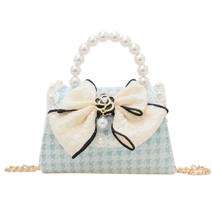 Light blue houndstooth handbag with pearl handle, lace bow, and gold chain for girls