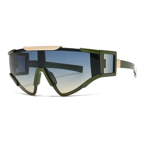 Olive green futuristic oversized sunglasses with blue gradient lenses and gold trim