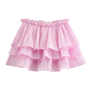 Women Layered Ruffle Mini Skirt Elastic Waist Solid Pink Sweet Tiered Cake Skirt Polyester Lightweight Summer Girly