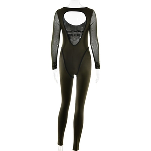 Deep olive green jumpsuit featuring sheer mesh long sleeves and a cutout back detail