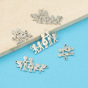 Family silhouette charms in stainless steel showing parents children and pets on stone background