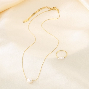 Elegant gold-plated jewelry set with a pearl pendant necklace and small pearl ring