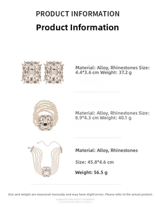 Detailed view of Baroque multi-layer pearl necklace and rhinestone square earrings set
