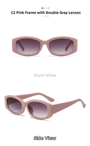Detail of pink square sunglasses with woven texture temples and gradient grey lenses