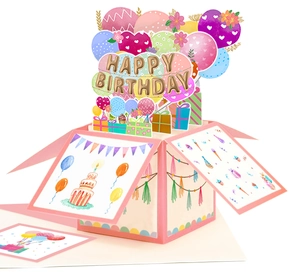 Detailed view of pink 3D pop-up card featuring colorful balloons and Happy Birthday text