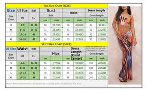 Detailed size chart for printed crop top and pleated maxi skirt set in US and EU sizes