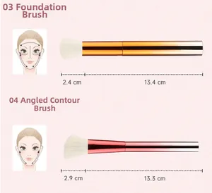Detail view of flat foundation and angled contour brushes with soft white bristles