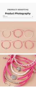 Detail of 6-piece woven beach bracelet set with sea turtle and shell charms
