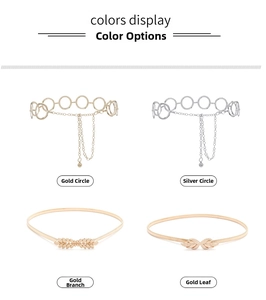 Selection of gold and silver thin metal waist belts with ring and leaf buckle designs