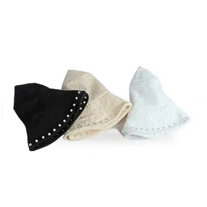 Summer lace bucket hat with pearls in black, beige, and white for sun protection