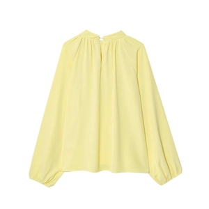 Elegant bright yellow lantern sleeve chiffon blouse with pleated high neck for women