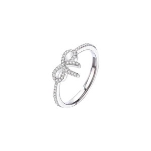 S925 sterling silver bow knot ring with pavé cubic zirconia on white background