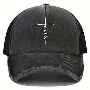 Distressed dark grey baseball cap with white faith cross print and breathable black mesh